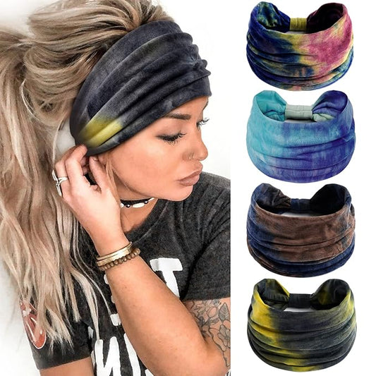 Wide Headbands for Women Tie Dye Head Wraps Boho Thick Hairbands Large African Sport Yoga Turban Headband Hair Accessories (Pack of 4)