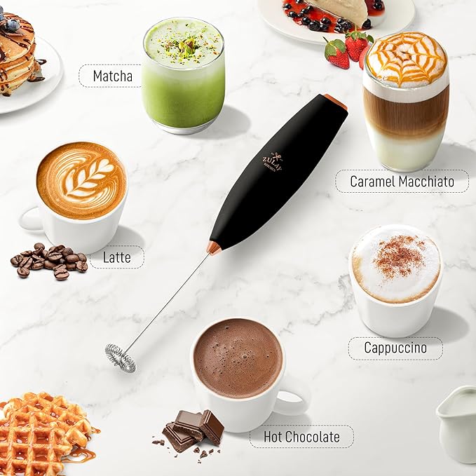 Zulay Kitchen Milk Frother Wand (2 Batteries Included) - Easy-Clean Drink Mixer - Electric Coffee Frother for Frappe, Matcha - Exec Black/Copper