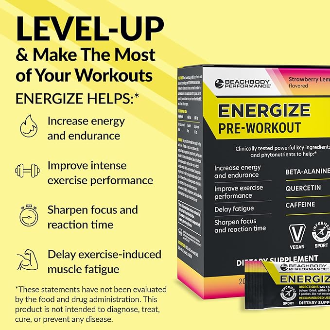 BODi Energize Pre Workout Powder - Beta-Alanine, Quercetin & Low-Dose Caffeine Formula for Enhanced Energy & Focus, Increase Energy & Endurance Supplement, Strawberry Lemonade Flavored, 20 Sticks