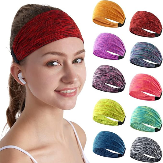 Workout Headbands for Women Sports Sweatbands Yoga Hairbands for Fitness Elastic Athletic Non Slip Wicking Headscarf for Men Womens and Girls 10 PCS (Style 2-10 Color)