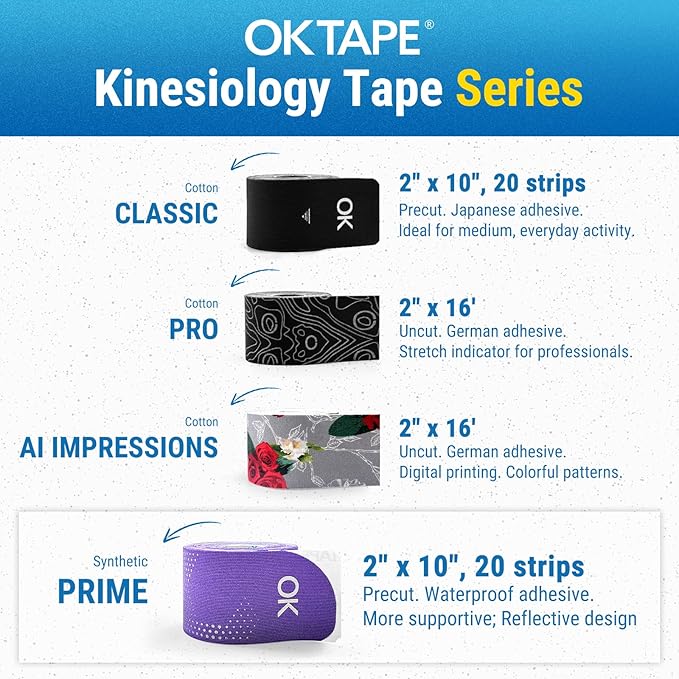 OK TAPE Synthetic Kinesiology Tape, 20 Strips, Precut K Tape, Performance Elastic Athletic Tape for Pain Relief & Muscle Support, Reflective Design, Waterproof, 2" x 10" -Black