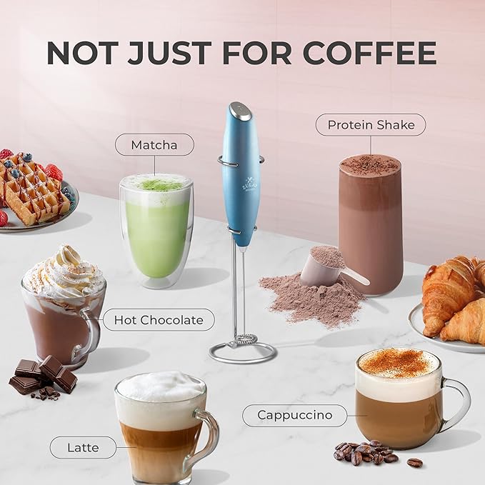 Zulay Powerful Milk Frother (4 Duracell Batteries Included) - Handheld Milk Frother Wand Drink Mixer for Coffee - Powerful Milk Foamer for Cappuccino, Frappe, Matcha & Creamer - Metallic Ice Blue