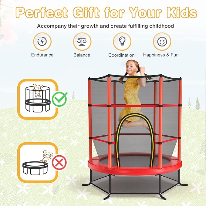 GYMAX Toddler Trampoline, 55” Trampoline for Kids with Bottom-to-Top All-Round Enclosure Net & Seamless Jumping Mat, ASTM Approved Easy Assembly Kids Mini Trampolines Indoor/Outdoor