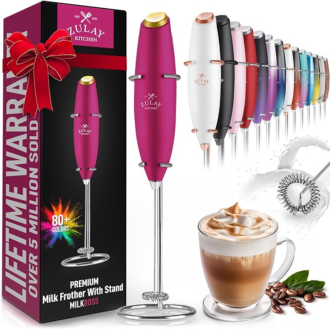 Zulay Kitchen Powerful Milk Frother Wand - Ultra Fast Handheld Drink Mixer - Electric Whisk Foam Maker for Coffee, Lattes, Cappuccino, Frappe, Matcha & Coffee Creamer - Milk Boss Pink & Gold