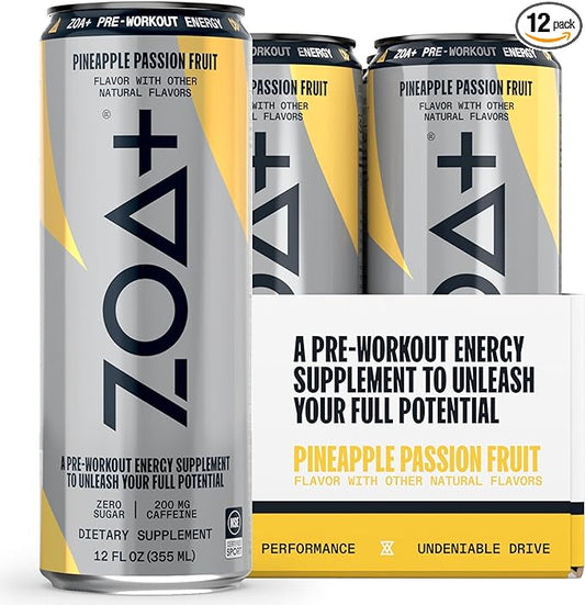 ZOA+ Pre-Workout Energy Drink Supplement - NSF Certified for Sport with Zero Sugar, Nitric Oxide Support, B & D Vitamins, Amino Acids, and Electrolytes (Pineapple Passion Fruit) - 12 pack