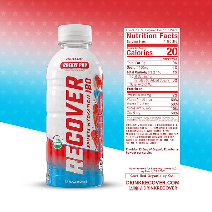 RECOVER 180 Organic Sports Hydration Drink, No Sugar Added, 20 Calorie Sports Beverage, Organic Flavors With Vitamins, Potassium-Packed Electrolytes (16.9 Fl Oz (Pack of 12), Rocket Pop)