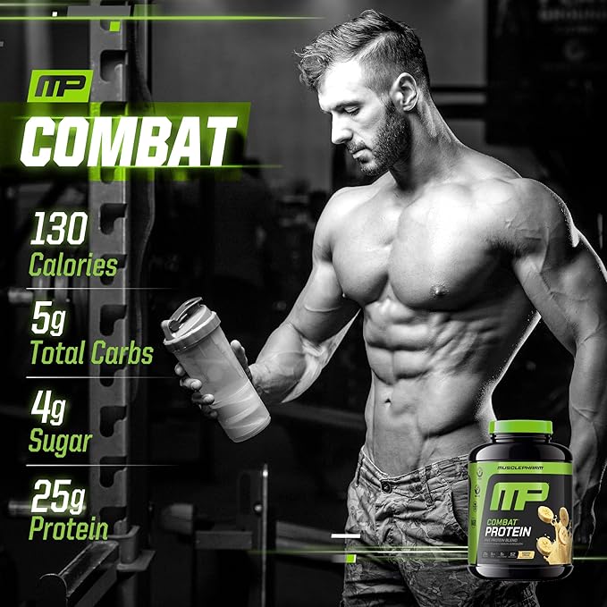 MusclePharm Combat Protein Powder, Banana Cream Flavor, Fuels Muscles for Productive Workouts, 5 Protein Sources including Whey Protein Isolate & Egg Albumin, Gluten Free, 4 lb, 52 Servings