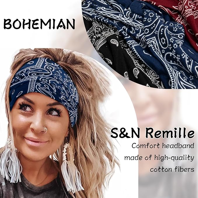 S&N Remille Wide Headbands for Women, Large Hairband, Elastic Non-Slip Headband Twist Knotted Accessories, Yoga Workout Vintage Hair 3 Pack