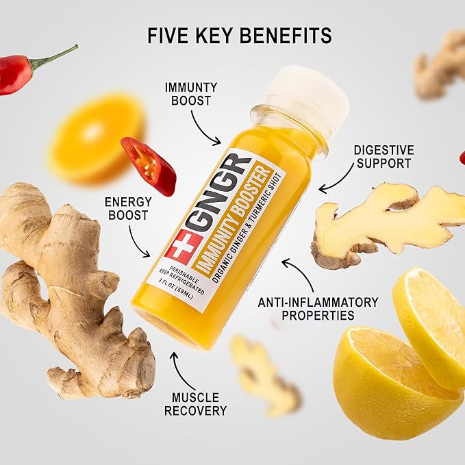 '+GNGR Immunity Sampler Organic Ginger Wellness Shots - Premium Ginger Shots for All Natural Digestive Support and Immune Support - Cold Pressed Ginger Juice - Nothing Artificial (2 Oz, Pack of 12)