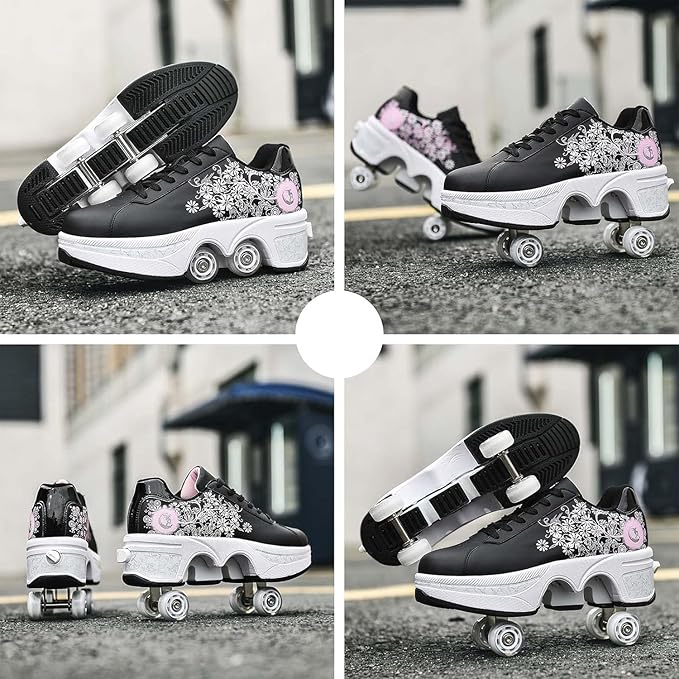 Double-Row Deform Wheel Automatic Walking Shoes Invisible Deformation Roller Skate 2 in 1 Removable Pulley Skates Skating Parkour