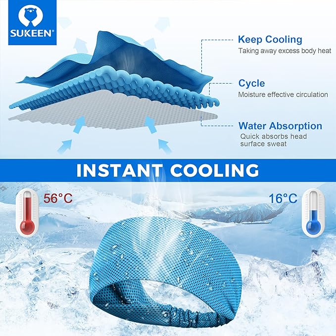 Sukeen Cooling Headband for Men Women, Instant Cooling Running Headband, Sweat Headbands for Workout, Sports Headbands for Yoga, Golf, Gym, Camping, Tennis, 20 inches