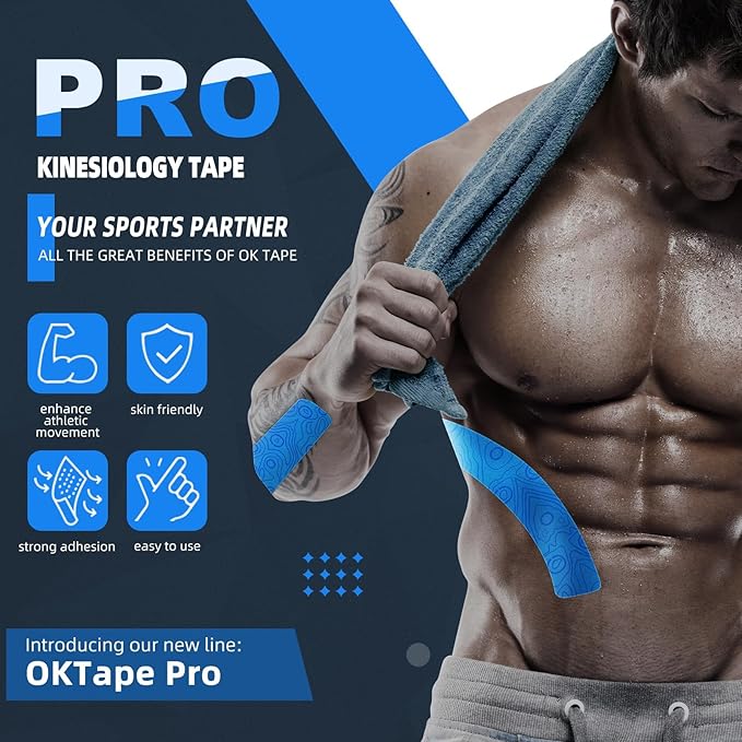 OK TAPE PRO Kinesiology Tape Uncut Roll, Elastic Physical Therapy Athletic Tape for Pain Relief, Muscle Support, Kinetic Tape, Water Resistant, 2in X 16.4ft -Blue 2 Rolls