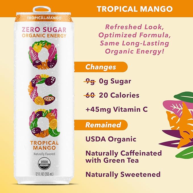 OCA ZERO Tropical Mango, Organic energy drink, zero sugar, gluten-free, vegan plant-based, 12 Fl Oz (12-pack)