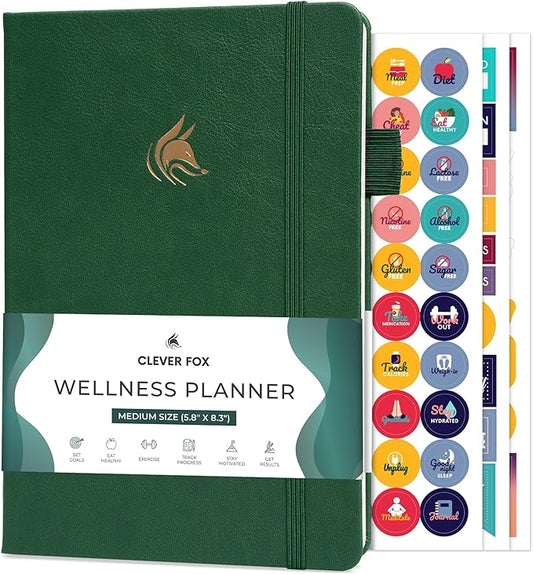 Clever Fox Wellness Planner - Weekly & Daily Health and Wellness Log, Food Journal & Meal Planner Diary for Calorie Counting, Notebook for Medical Condition Tracking, A5-Sized - Forest Green