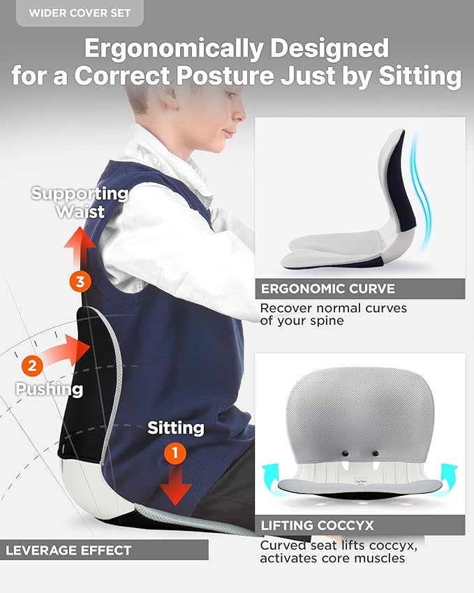 curble Wider(Standard Wide) Cover Set – Lower Back Support Chair with Detachable Cover, Lumbar Support Back Posture Corrector, Back Pain Relief (Set Grey)