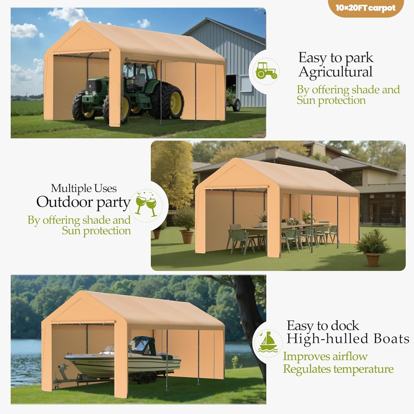 GOJOOASIS 10x20 Carport Heavy Duty Portable Garage Shelter Metal Car Canopy Tent with UV-Resistant & Weatherproof Top Cover for RV & Vehicles (Yellow, 10x20 with sidewalls)