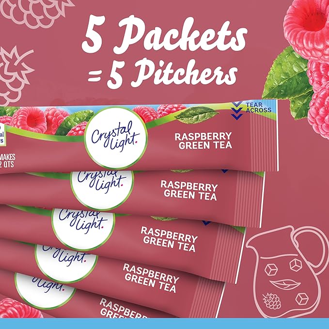 Crystal Light Raspberry Green Tea Naturally Flavored Powdered Drink Mix, 60 ct Pack, 12 Canisters of 5 Pitcher Packets