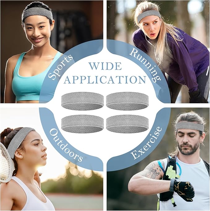 4 Pack Headbands for Men, Sweat Bands Headbands Men & Women, Cotton Terry Sweat Bands for Tennis, Basketball, Running, Gym, Working Out