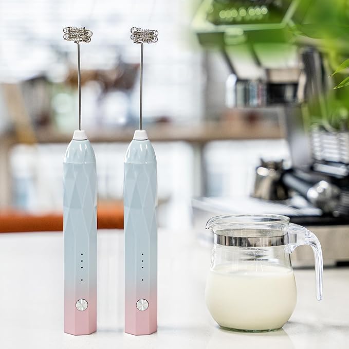 Milk Frother Rechargeable Handheld Electric Whisk Coffee Frother Mixer with 2 Stainless whisks 3 Speed Adjustable Foam Maker Blender for Coffee Matcha Latte Cappuccino Hot Chocolate (BluePink)