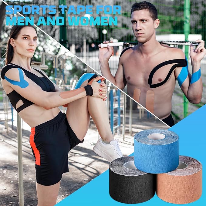 3 Rolls Kinesiology Tape, 3 Color 2 Inch x 16.4 Feet Uncut Sports Tape with Scissors, Elastic Athletic Tape Waterproof Knees Tape for Ankle Wrists Shoulders Muscle Exercise and Daily Use