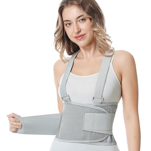 NeoTech Care Back Brace with Suspenders/Shoulder Straps - Light & Breathable - Lumbar Support Belt for Lower Back Pain - Posture, Work, Gym - Grey Color (Size XXL)