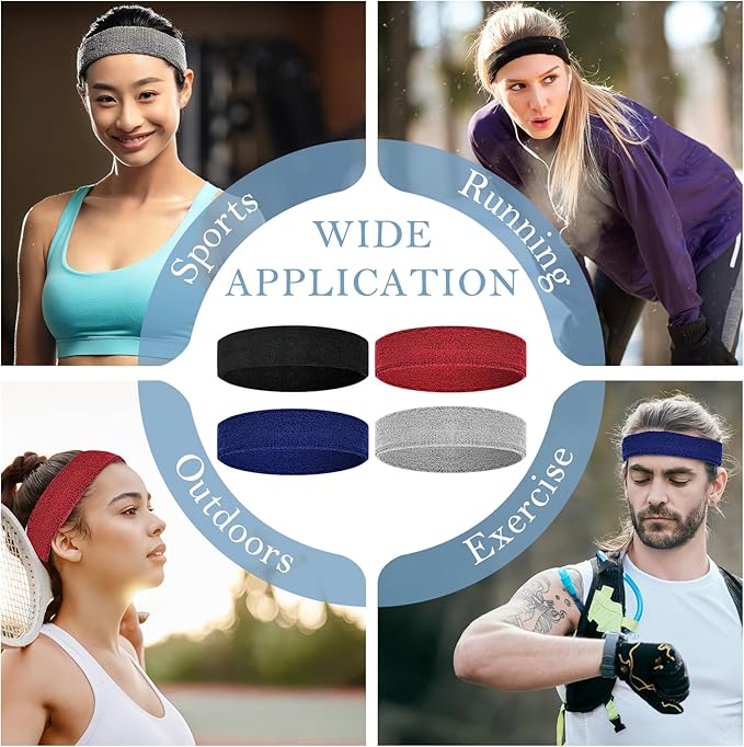 4 Pack Headbands for Men, Sweat Bands Headbands Men & Women, Cotton Terry Sweat Bands for Tennis, Basketball, Running, Gym, Working Out