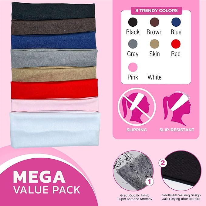 8 PCS Sport Headbands for Women, Non-Slip Hair Bands, 7 centimeters, Multi, Polyester - Hair Warp for Women's Daily Workout Yoga Running and Sports