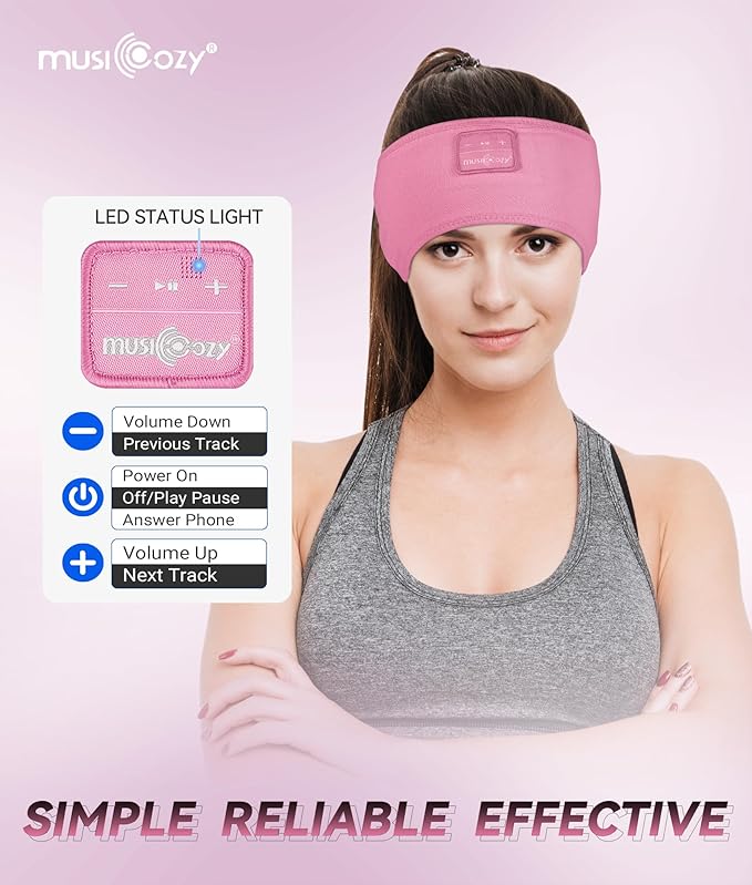 MUSICOZY Sleep Headphones Headband Bluetooth 5.4 Wireless Headband Headphones for Sleeping for Side Sleeper with Ultra-Thin HD Stero Speaker for Workout(Pink)