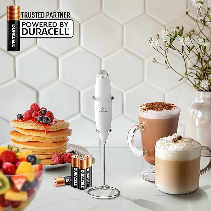 Zulay Powerful Milk Frother (4 Duracell Batteries Included) - Handheld Milk Frother Wand Drink Mixer for Coffee - Powerful Milk Foamer for Cappuccino, Frappe, Matcha & Creamer - White