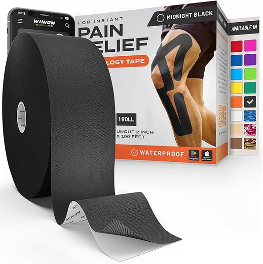 Kinesiology Tape-Incredible Support for Athletic Sports and Recovery + Free Taping Guide-Uncut 2 inch 100 feet Roll (Midnight Black + Free Taping Guide, Pack of 1)