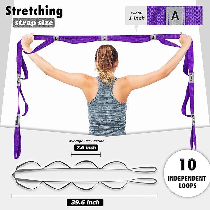 Stretching Strap Yoga Strap with 10 Loops, Non-Elastic Stretch Band for Physical Therapy, Flexibility, Exercise, Pilates, Dance & Gymnastics Workout