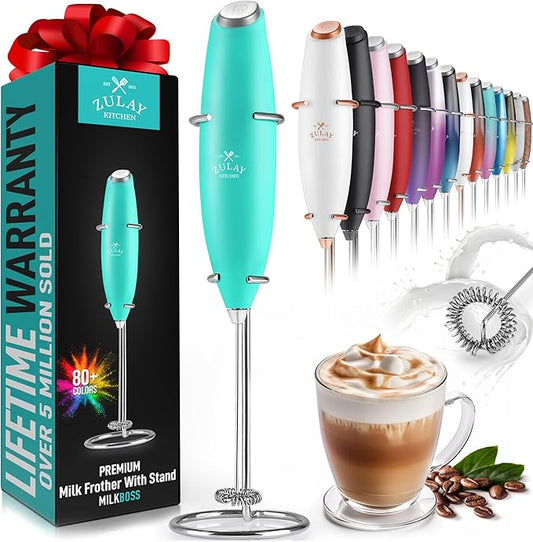 Zulay Powerful Milk Frother Handheld Foam Maker for Lattes - Whisk Drink Mixer for Coffee, Mini Foamer for Cappuccino, Frappe, Matcha, Hot Chocolate by Milk Boss (Caribbean Aqua)