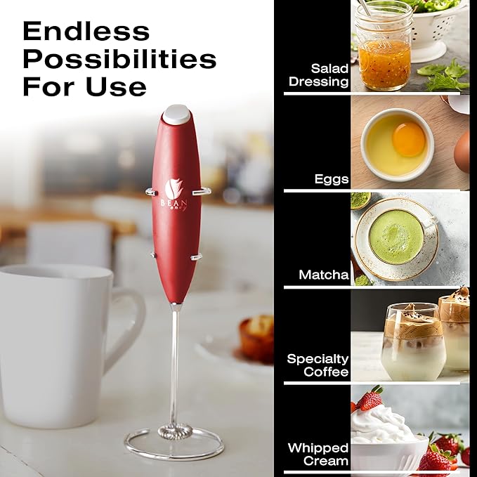 Bean Envy Milk Frother Handheld for Coffee - Electric Hand Blender, Mini Drink Mixer Whisk & Coffee Foamer Wand with Stand for Lattes, Cappuccino, Matcha and Hot Chocolate - Kitchen Gifts - Red