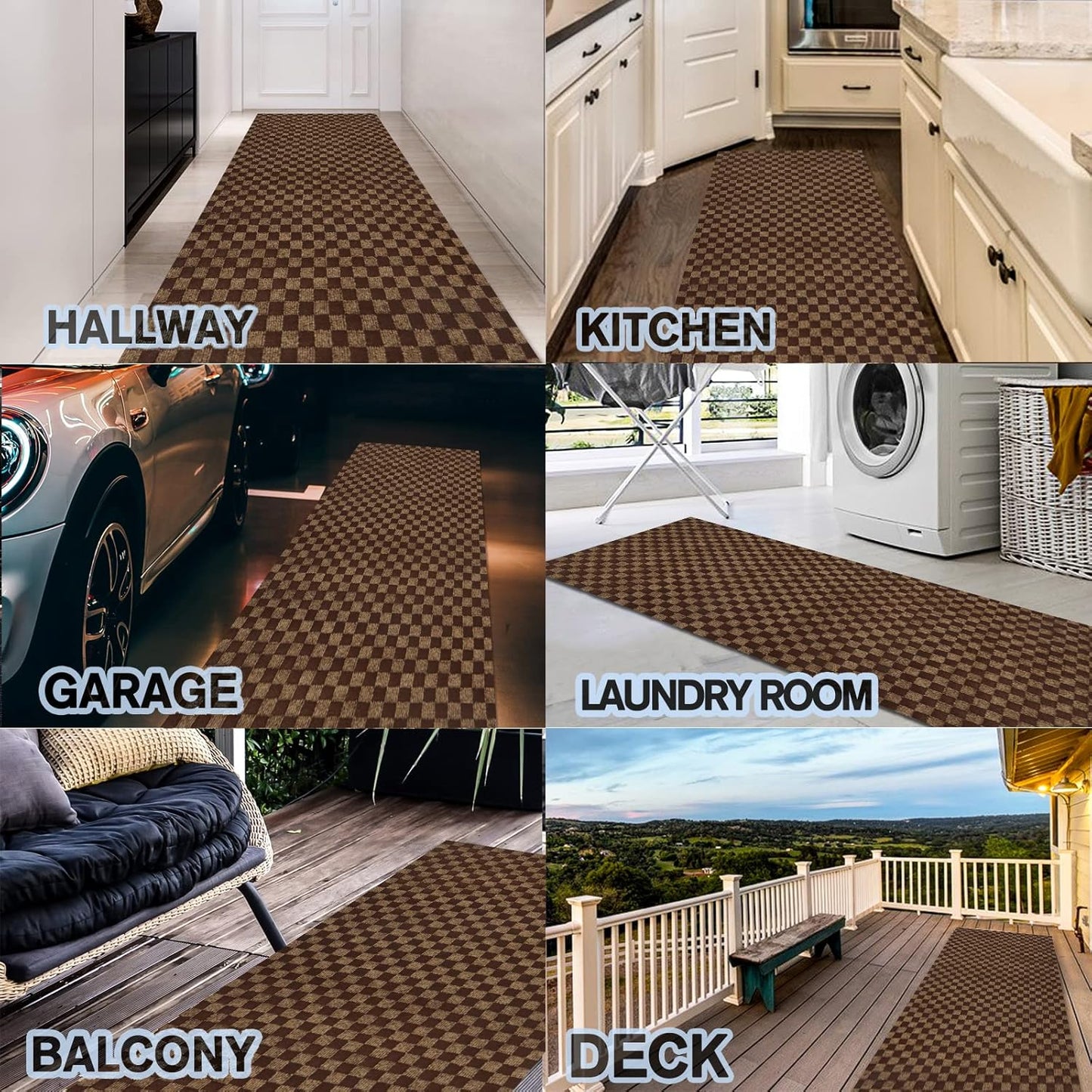Custom Size Backed Non-Slip Area Rugs Runner, Easy Clean, Waterproof Runner Rugs for Hallway Entryway, Kitchen, Laundry, 3FT x 35FT, Brown Checkered