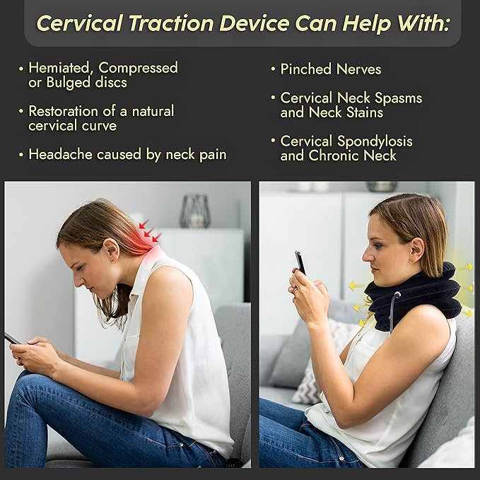 Cervical Neck Traction Device & Posture Corrector for Women and Men, FSA HSA Eligible Inflatable Neck Stretcher Brace for Decompression, Adjustable Upper Back Brace & Elastic Support (Carbon Black)
