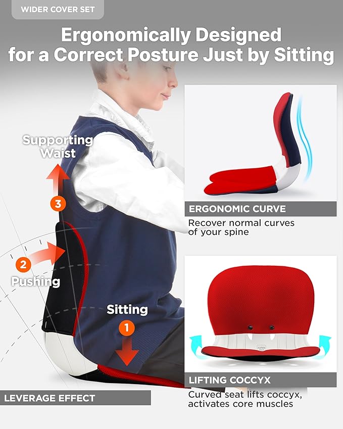 curble WIDER(Standard Wide) COVER SET – Lower Back Support Chair with Detachable Cover, Lumbar Support Posture Corrector, Back Pain Relief (Set Red)