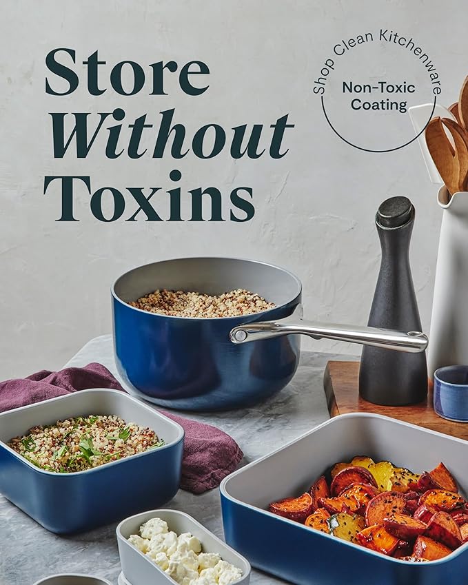 Caraway 6pc Glass Food Storage Set – 10 Cup Food Containers (6) - Ceramic Coated - Non Toxic, Non Stick with Lids - Microwave Safe - Sage