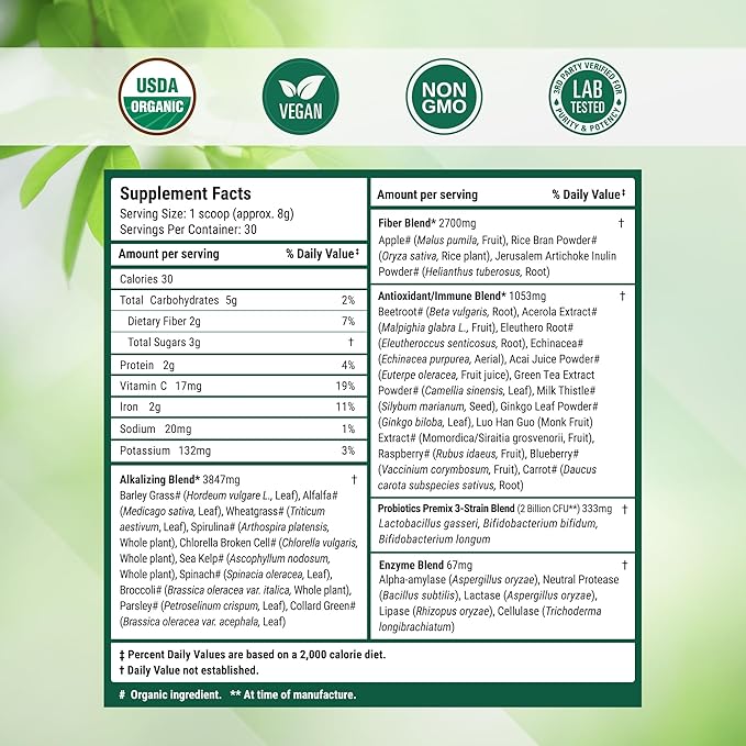 Nested Naturals Super Greens Daily Superfood Powder - Certified USDA Organic Green Powder w/20+ Whole Foods, Spirulina Powder,Wheat & Barley Grass - Probiotics, Fiber & Enzymes - Original Flavour, 30