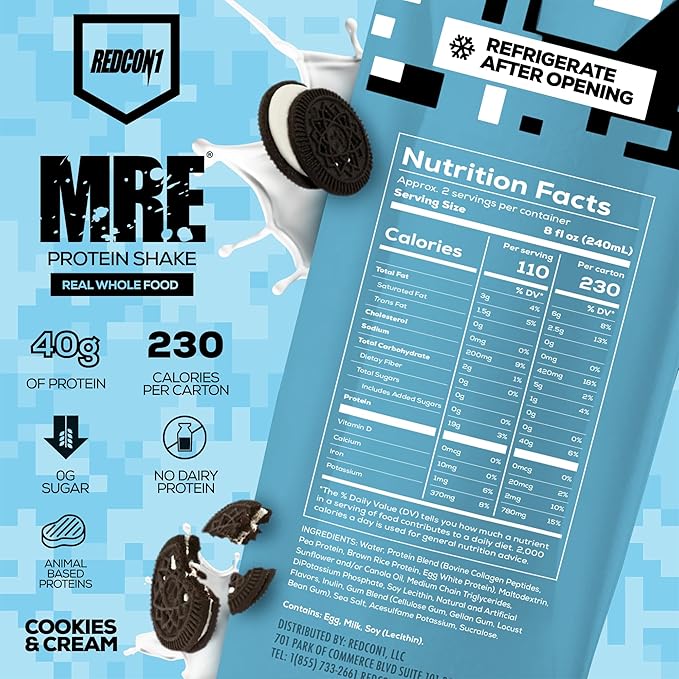 REDCON1 MRE Ready to Drink Protein Shakes, Cookies & Cream - Lactose + Whey Free RTD Protein Made with Real Whole Food Protein Blends - Keto-Friendly and Easy to Digest Nutritional Shake (12 Pack)