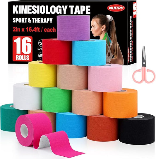 16 Rolls Kinesiology Tape, 16 Colors 2 inch x 16.4 Feet Waterproof Athletic Tape, Uncut Kinetic Tape, Elastic Muscle Tape, Sports Tape, Knee Tape for Exercise and Daily Use