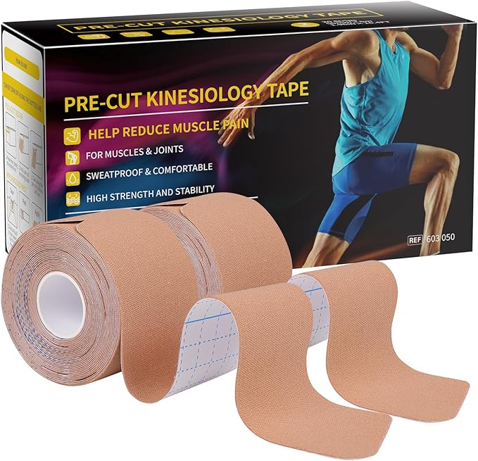 Dimora Kinesiology Tape, 40 Count Precut Strips 2 Rolls, Original Cotton, 10” Elastic Athletic Tape for Muscle Pain Relief and Joint Support, Beige