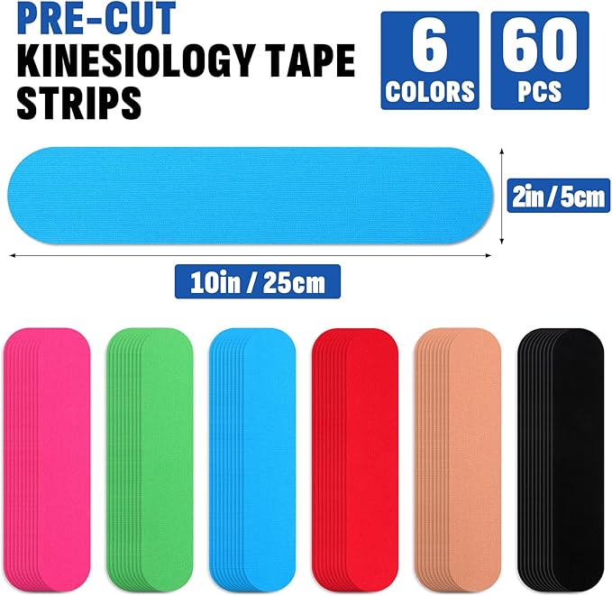 60PCS Precut Kinesiology Tape Strips, 6 Colors 2 inch x 10 inch Cotton Athletic Tape, Kinetic Tape, Elastic Muscle Tape, Sports Tape, Knee Tape for Exercise and Daily Use