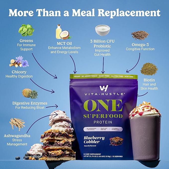 VitaHustle ONE Meal Replacement Shake - Plant Based Protein Powder by Kevin Hart - Vegan, Meal Replacement Powder with Superfoods, Vitamins, Adaptogens & Probiotics - Blueberry Cobbler Flavor, 15 Servings