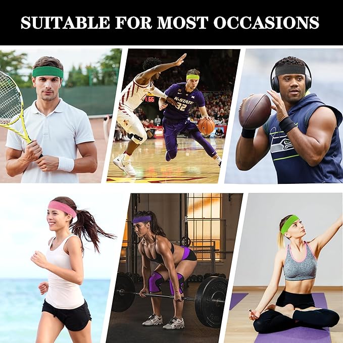4 Pack Sweatbands Sports Headband for Men and Women, Moisture Wicking Athletic Workout Headband for Running, Tennis, Basketball, Yoga, Gym Stretchy Unisex Sweatband