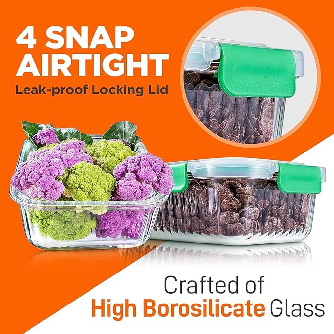 NutriChef 10-Piece Superior Glass Food Storage Containers Set (5 Containers + 5 Locking Lids),Stackable Meal-prep Design, BPA-free Airtight Clear Locking lids with Vent Lids & Air Hole, Wave