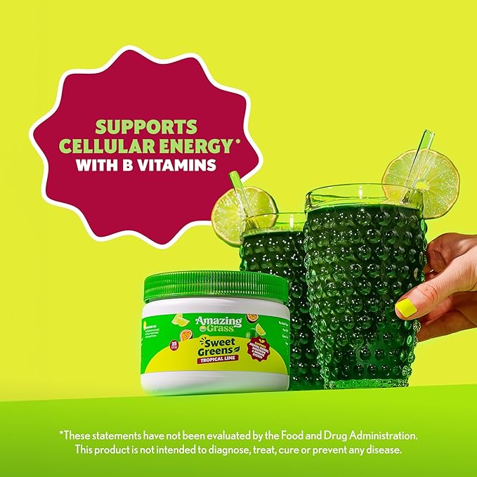 Amazing Grass Sweet Greens and Superfoods Powder for Digestive Health, Greens Powder, Digestive Enzymes, Probiotics, Spirulina, Chlorella, Tropical Lime, 30 Servings