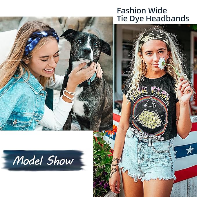 Huachi Tie Dye Headbands for Women Wide Head Wraps Boho Thick Hairbands Large African Sport Yoga Turban Headband Hair Accessories (Pack of 4)