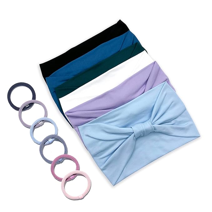 GiLi 6 Pack Wide Headbands for Women Non Slip Soft Elastic Hair Bands Yoga Running Sports Workout Gym Head Wraps, Knotted Cotton Cloth African Turbans Bandana (with 6 Pcs Hair Ties)