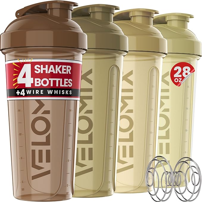 '-4 PACK- 28 oz Protein Shaker Bottle for Protein Mixes - 4x Wire Whisk | Leak Proof Shaker Cups for Protein Shakes | Protein Shaker Bottle Pack | Protein Shake Cup (Brown)