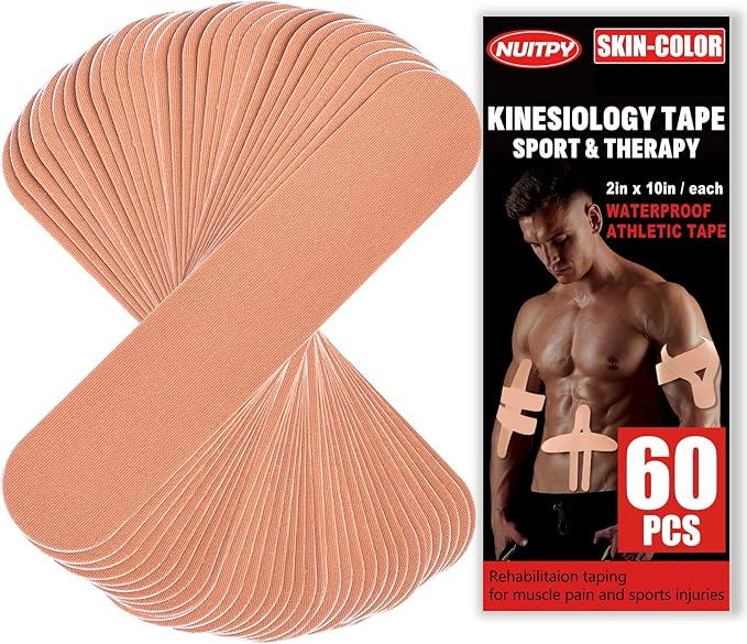 60PCS Precut Kinesiology Tape Strips, 2 inch x 10 inch Athletic Tape, Kinetic Tape, Elastic Muscle Tape, Sports Tape, Knee Tape for Exercise and Daily Use - Skin Color